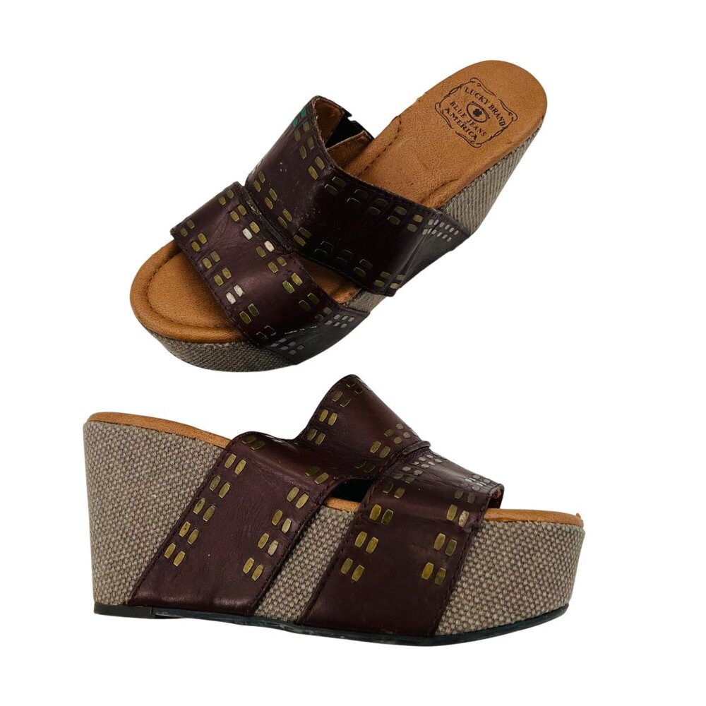 Lucky Brand Womens 8M Brown Leather & Fabric Wedge Sandals With Studded Detail